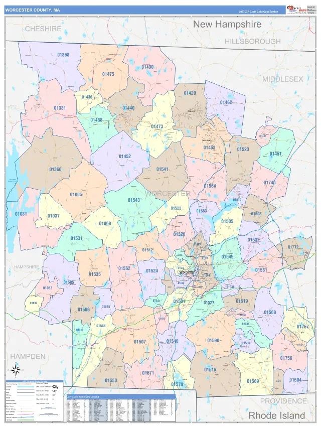 Worcester County, MA ZIP Code Wall Map, ColorCast style