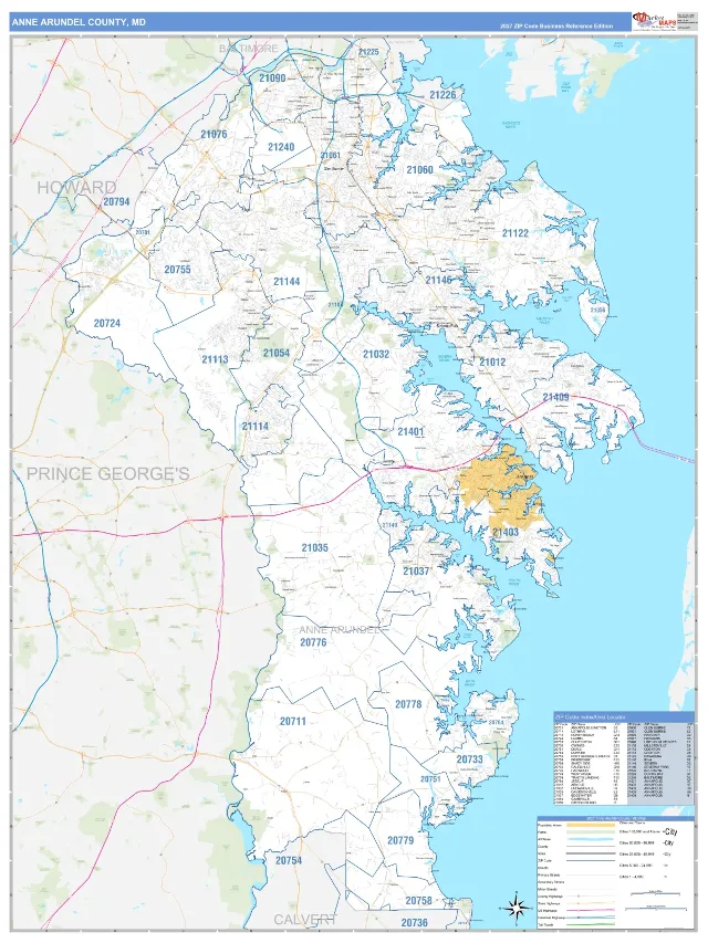Anne Arundel County, MD ZIP Code Wall Map, Business Reference style