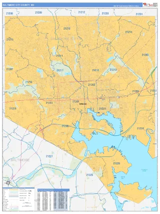 Baltimore City County, MD Business Reference style ZIP Code wall map