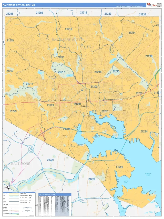 Baltimore City County, MD ZIP Code Wall Map, Business Reference style
