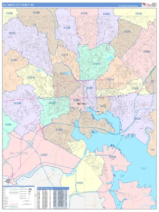 Baltimore City County, MD ColorCast style ZIP Code wall map