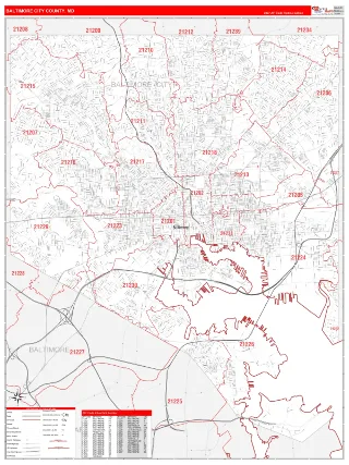 Baltimore City County, MD RedLine style ZIP Code wall map