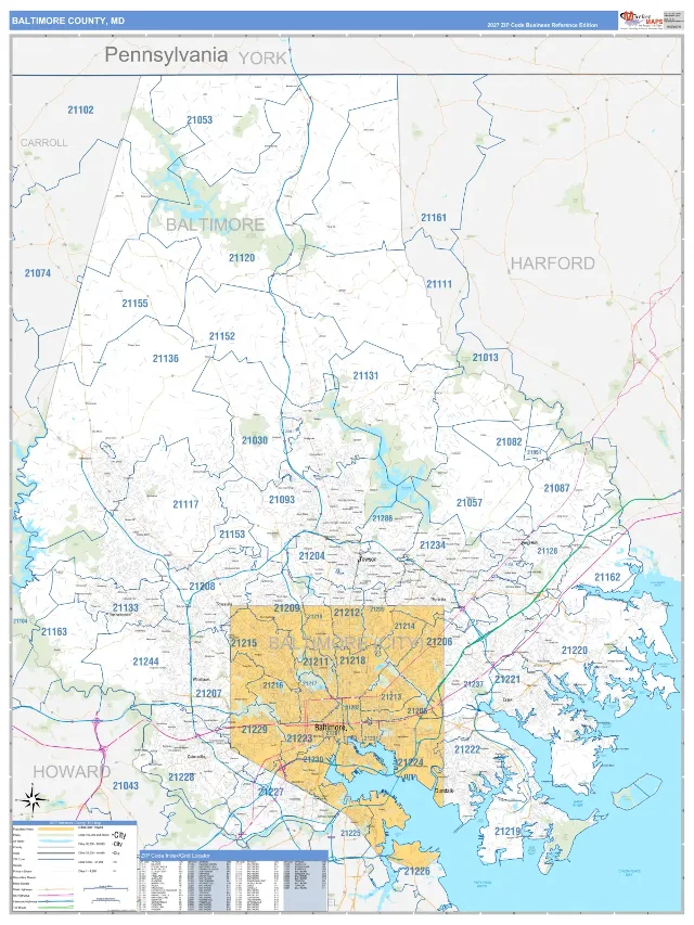 Baltimore County, MD ZIP Code Wall Map, Business Reference style
