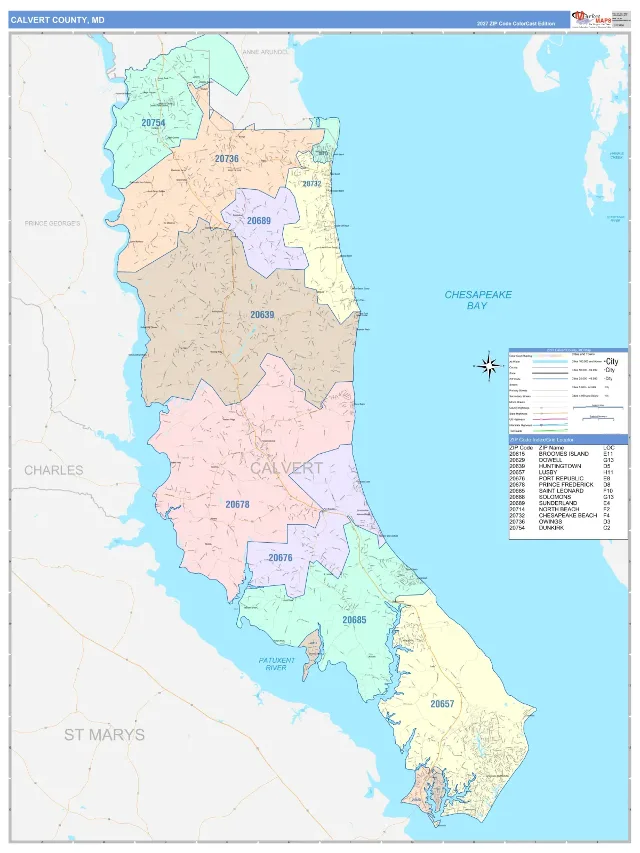 Calvert County, MD ZIP Code Wall Map, ColorCast style