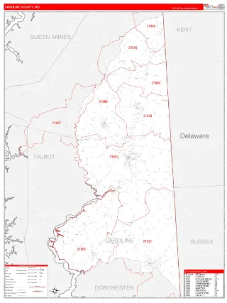 Caroline County, MD RedLine style ZIP Code wall map