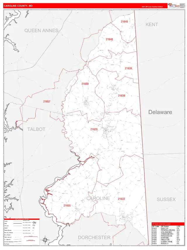 Caroline County, MD ZIP Code Wall Map, RedLine style