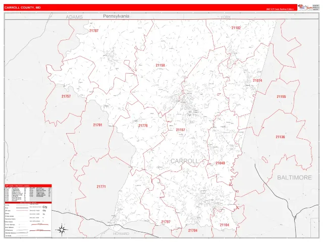 Carroll County, MD ZIP Code Wall Map, RedLine style