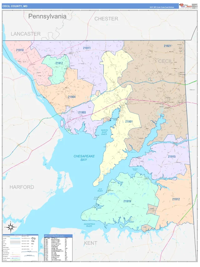 Cecil County, MD ZIP Code Wall Map, ColorCast style