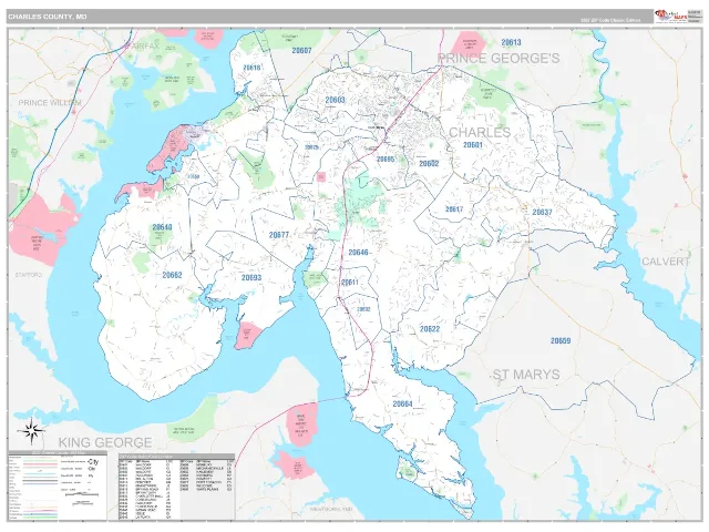 Charles County, MD ZIP Code Wall Map, Classic style