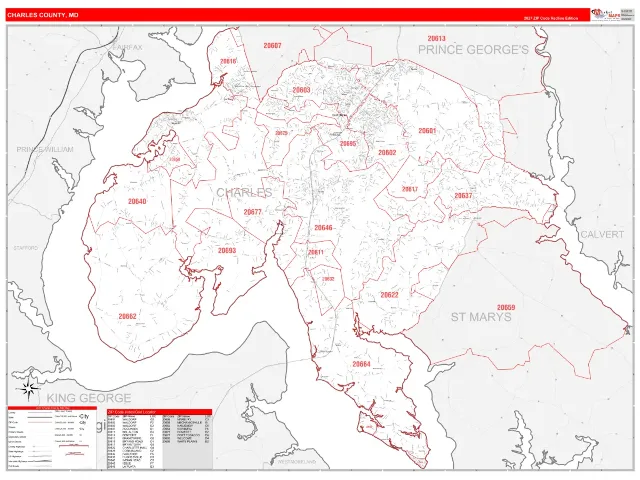 Charles County, MD ZIP Code Wall Map, RedLine style