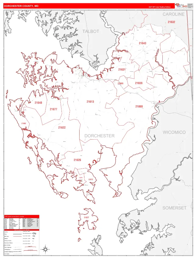 Dorchester County, MD ZIP Code Wall Map, RedLine style