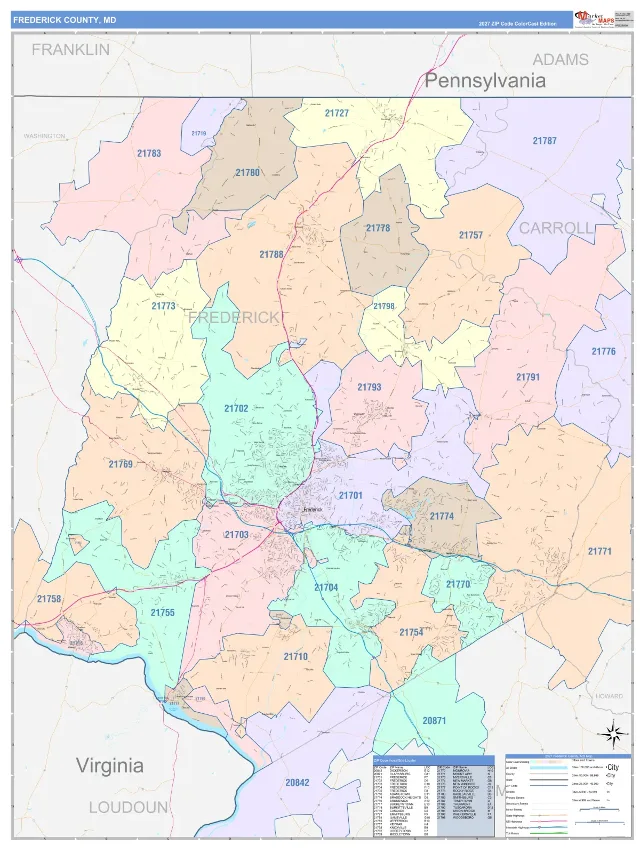 Frederick County, MD ZIP Code Wall Map, ColorCast style