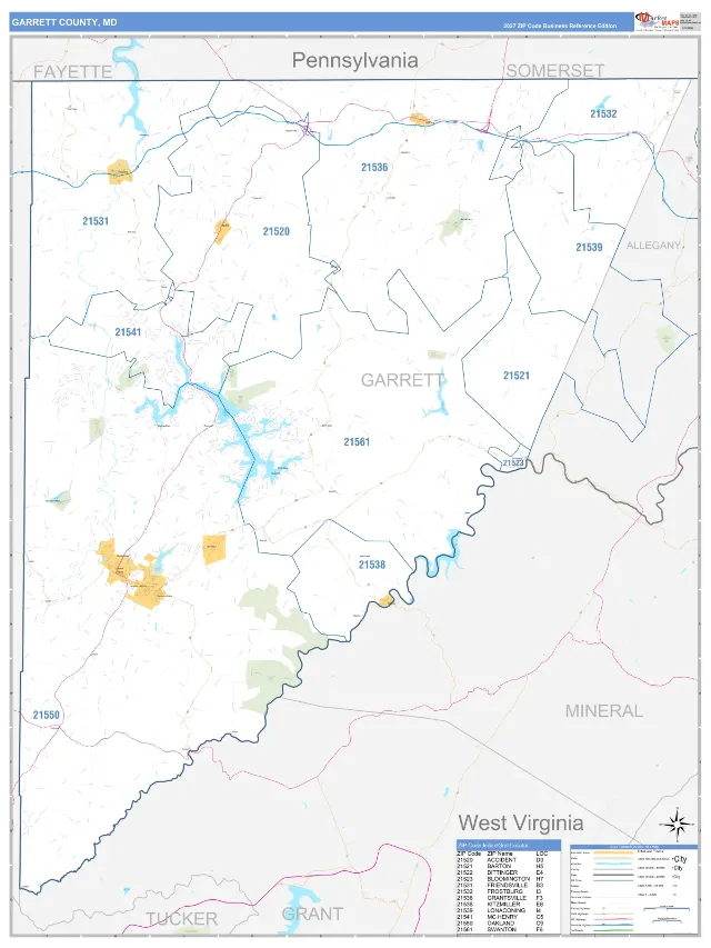 Garrett County, MD ZIP Code Wall Map, Business Reference style