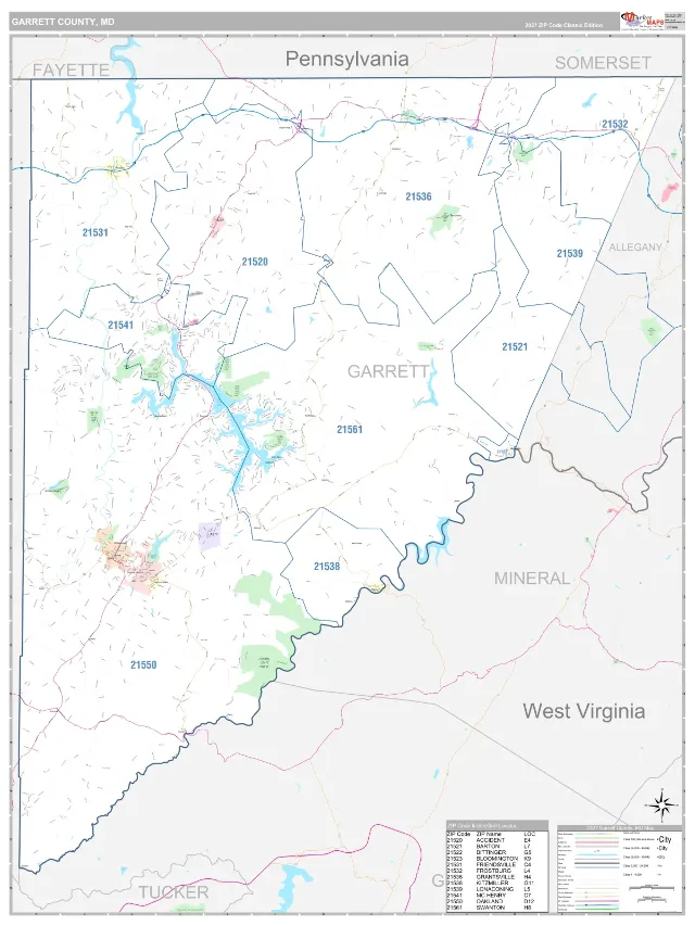 Garrett County, MD ZIP Code Wall Map, Classic style