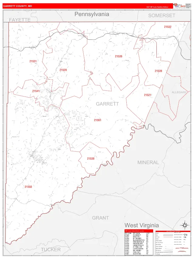 Garrett County, MD ZIP Code Wall Map, RedLine style