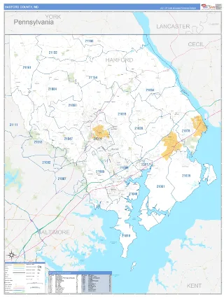 Harford County, MD Business Reference style ZIP Code wall map