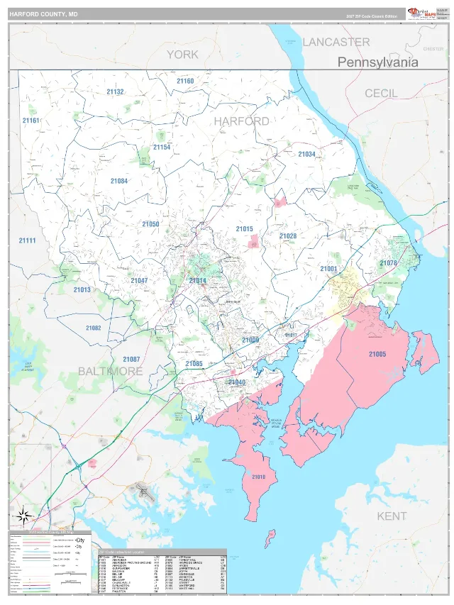 Harford County, MD ZIP Code Wall Map, Classic style