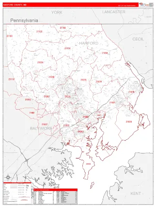 Harford County, MD RedLine style ZIP Code wall map