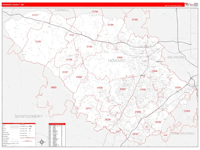 Howard County, MD ZIP Code Wall Map, RedLine style