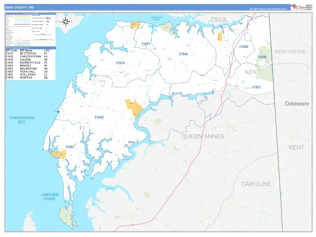 Kent County, MD ZIP Code Wall Map, Business Reference style