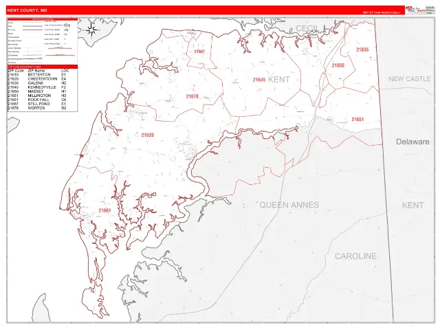 Kent County, MD ZIP Code Wall Map, RedLine style