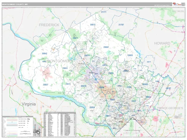 Montgomery County, MD ZIP Code Wall Map, Classic style
