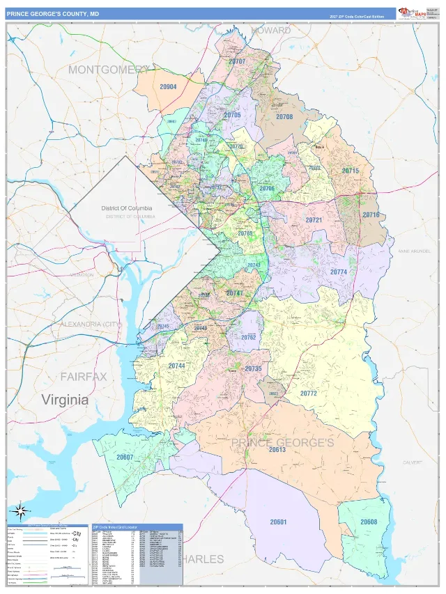 Prince George's County, MD ZIP Code Wall Map, ColorCast style