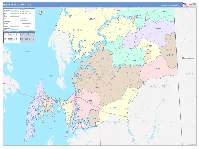 Queen Anne's County, MD ZIP Code Wall Map, ColorCast style