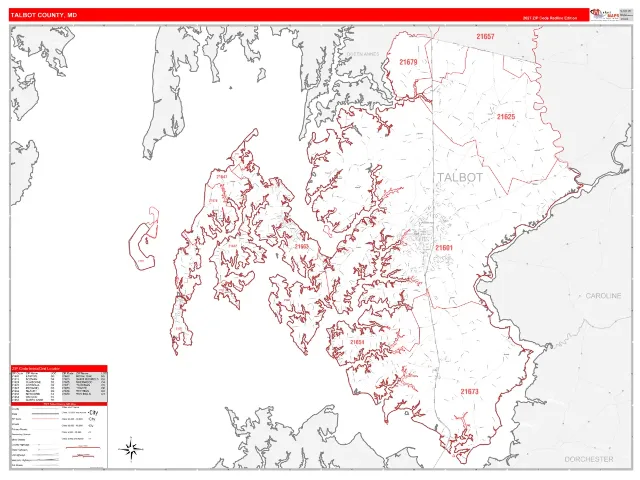 Talbot County, MD ZIP Code Wall Map, RedLine style