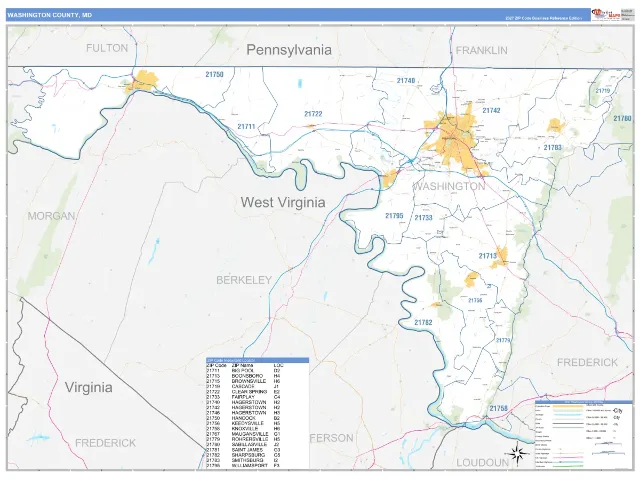 Washington County, MD ZIP Code Wall Map, Business Reference style