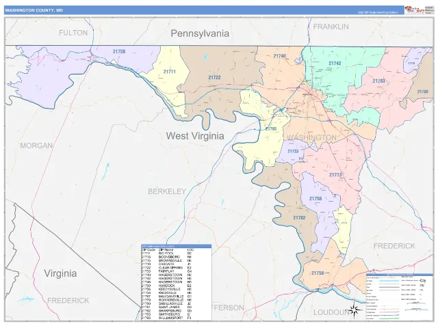 Washington County, MD ZIP Code Wall Map, ColorCast style