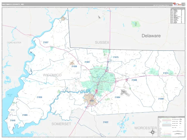 Wicomico County, MD ZIP Code Wall Map, Classic style