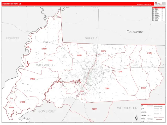 Wicomico County, MD ZIP Code Wall Map, RedLine style