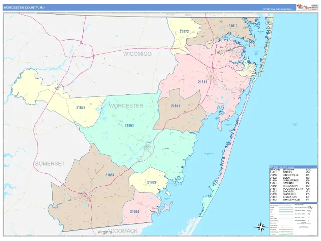 Worcester County, MD ZIP Code Wall Map, ColorCast style