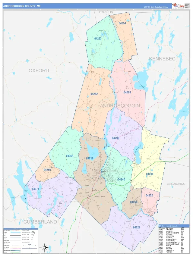 Androscoggin County, ME ZIP Code Wall Map, ColorCast style