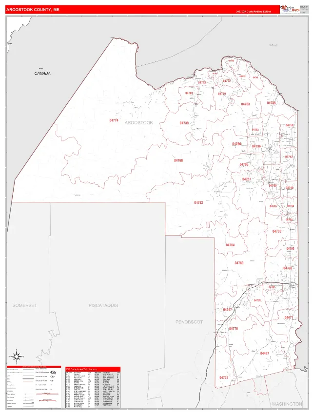 Aroostook County, ME ZIP Code Wall Map, RedLine style