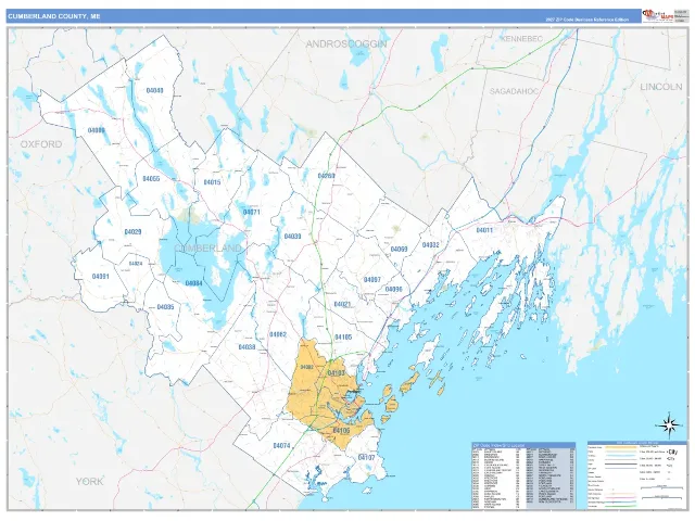 Cumberland County, ME ZIP Code Wall Map, Business Reference style