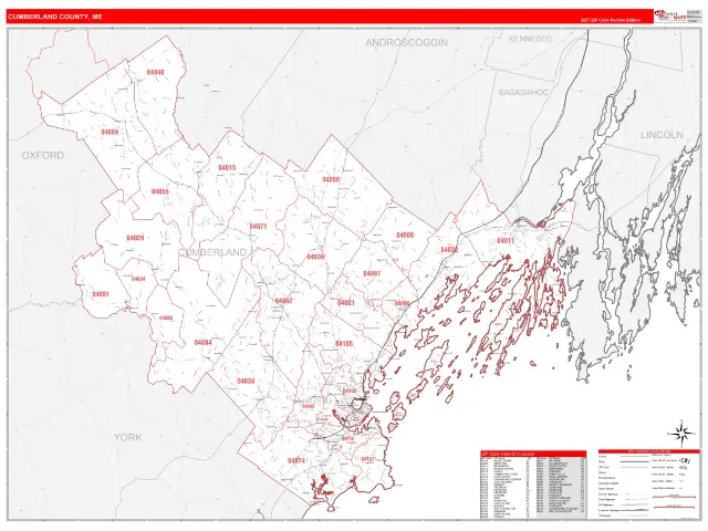 Cumberland County, ME ZIP Code Wall Map, RedLine style