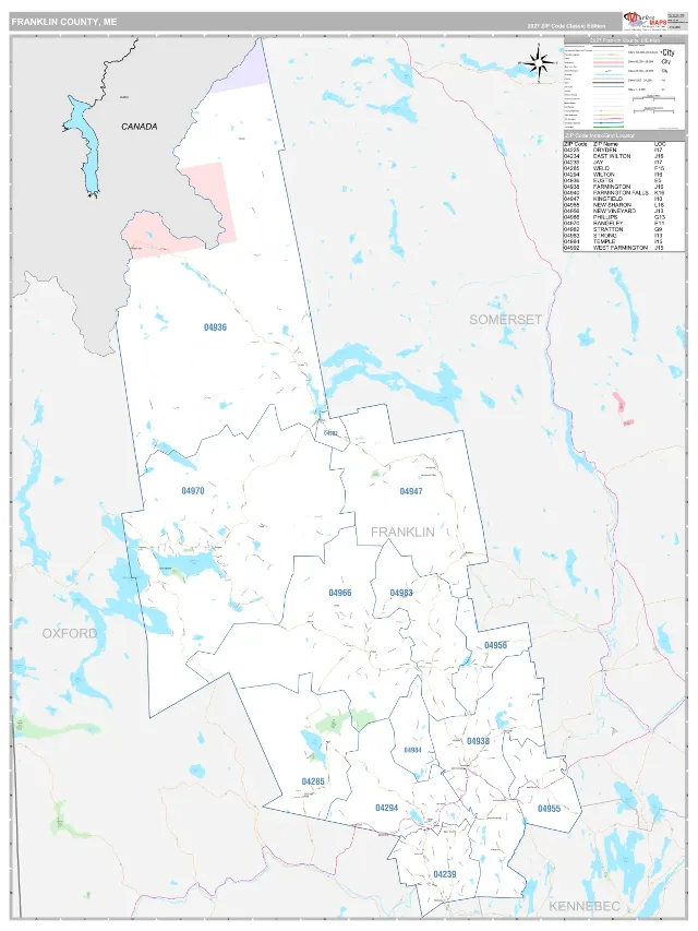 Franklin County, ME ZIP Code Wall Map, Classic style