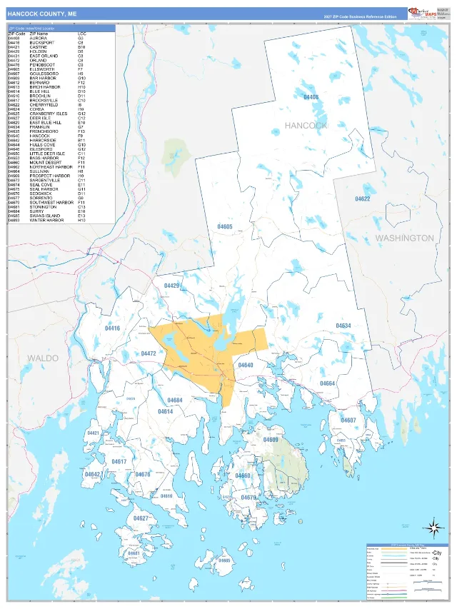 Hancock County, ME ZIP Code Wall Map, Business Reference style