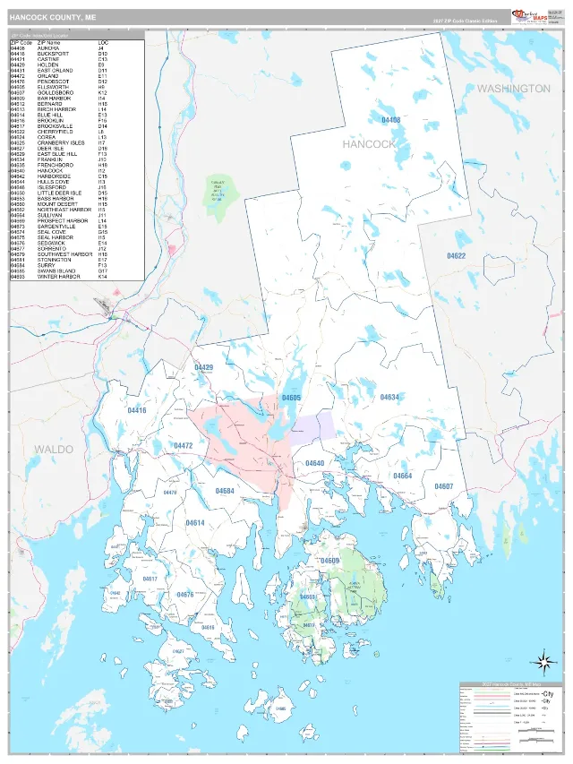 Hancock County, ME ZIP Code Wall Map, Classic style