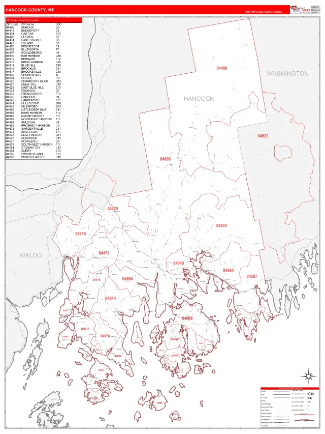 Hancock County, ME ZIP Code Wall Map, RedLine style