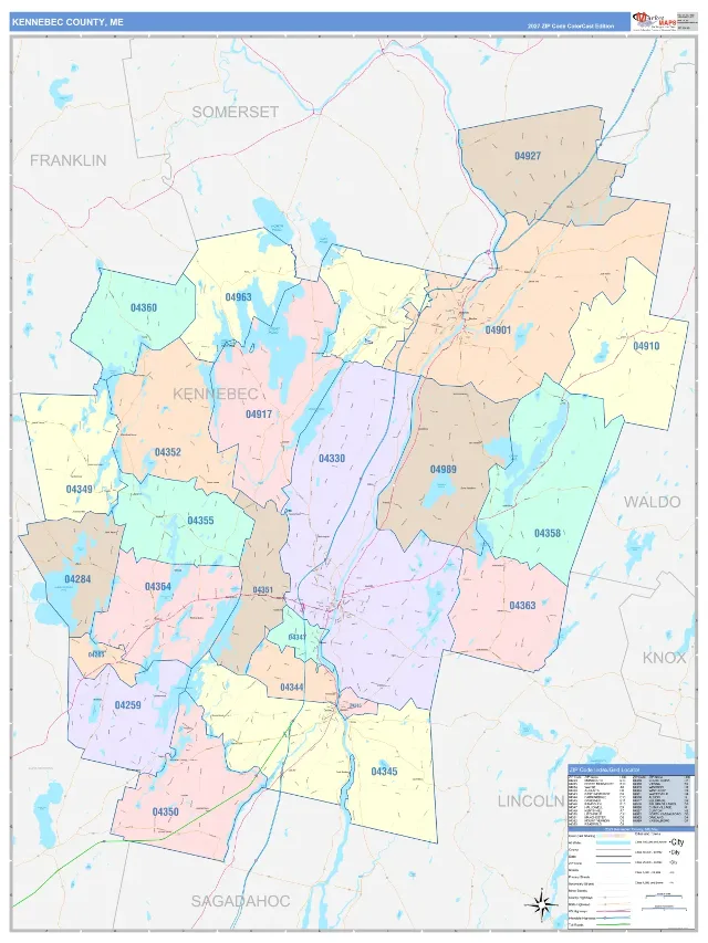 Kennebec County, ME ZIP Code Wall Map, ColorCast style