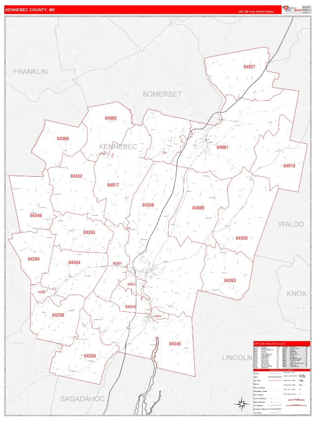 Kennebec County, ME ZIP Code Wall Map, RedLine style