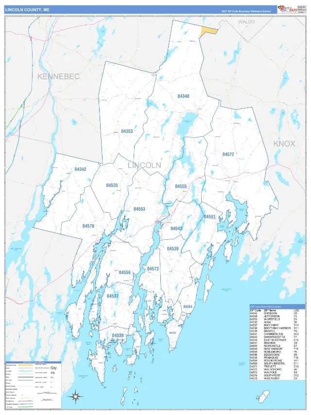 Lincoln County, ME ZIP Code Wall Map, Business Reference style