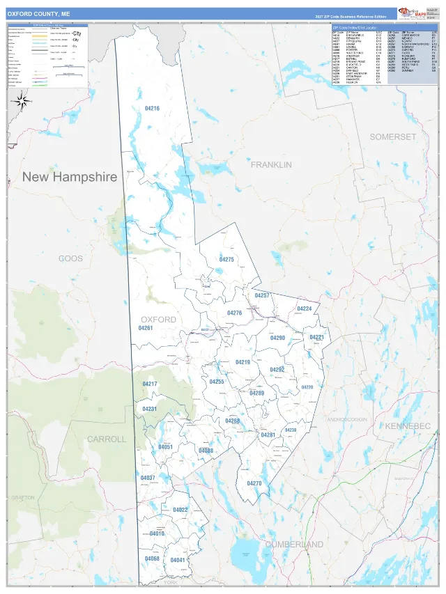 Oxford County, ME ZIP Code Wall Map, Business Reference style