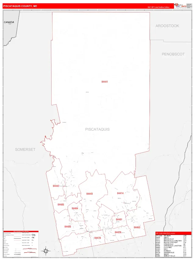Piscataquis County, ME ZIP Code Wall Map, RedLine style