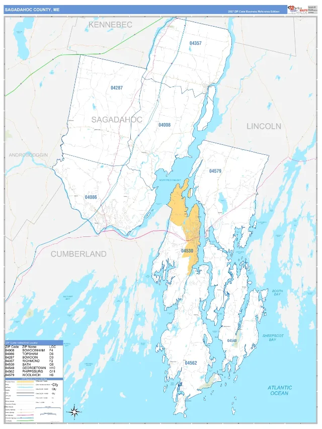 Sagadahoc County, ME ZIP Code Wall Map, Business Reference style