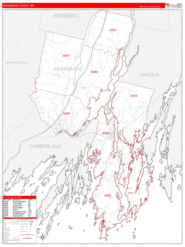 Sagadahoc County, ME ZIP Code Wall Map, RedLine style