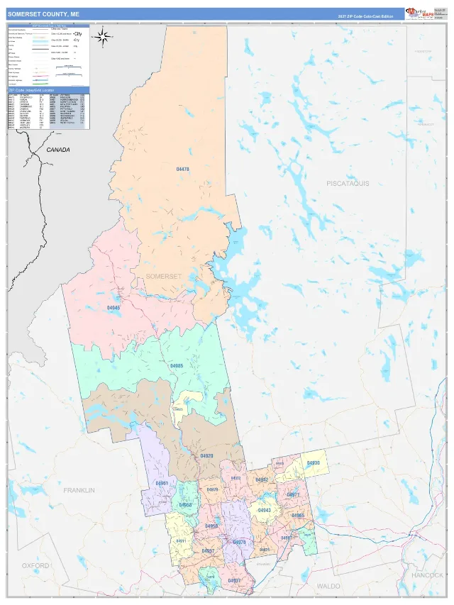 Somerset County, ME ZIP Code Wall Map, ColorCast style